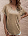 Casual Solid Color Loose Fit T-Shirt with Notched Neckline and Short Sleeves for Women