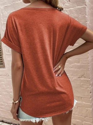 Solid color notched loose neckline loose short-sleeved t-shirt for women-Jakoto-Red-S-Très Elite