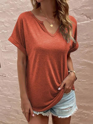 Solid color notched loose neckline loose short-sleeved t-shirt for women-Jakoto-Red-S-Très Elite