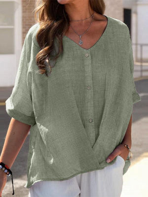 Button V Neck Pullover Short Sleeve Loose Fit Blouse Casual Top-Jakoto-Green-S-Très Elite