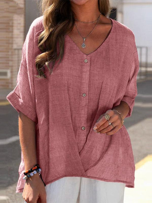 Button V Neck Pullover Short Sleeve Loose Fit Blouse Casual Top