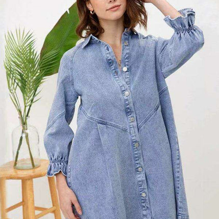 Stylish Denim Dress with Modern Balloon Sleeves - A Wardrobe Essential