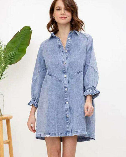 Stylish Denim Dress with Modern Balloon Sleeves - A Wardrobe Essential