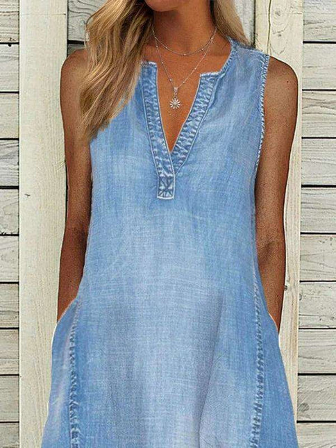Denim Delight: Elegant Sleeveless V-Neck Dress for Effortless Style