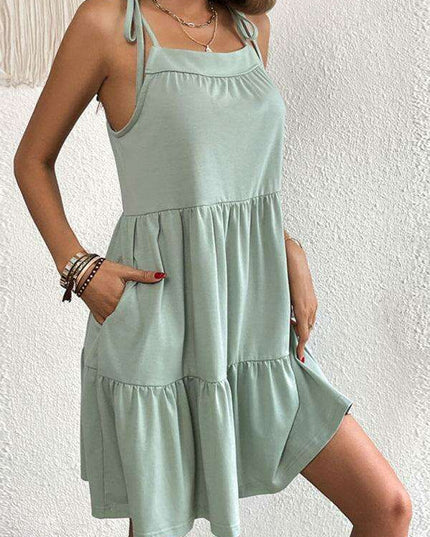 Chic Lace-Up Back Suspender Dress with Charming Bow Accents