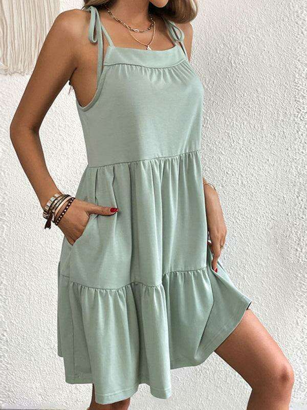 Chic Lace-Up Back Suspender Dress with Charming Bow Accents