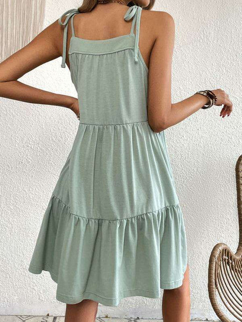 Chic Lace-Up Back Suspender Dress with Charming Bow Accents