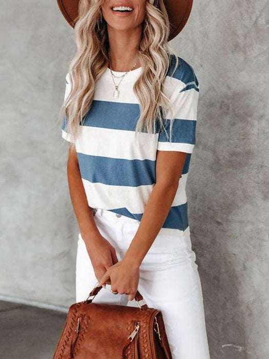 Casual Striped T-Shirt in Blue and White with Round Neck and Short Sleeves