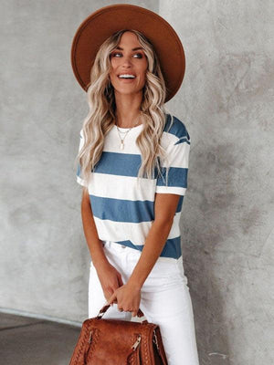 Fashionable blue and white stripe print round neck short-sleeved casual T-shirt-kakaclo-Blue-S-Très Elite
