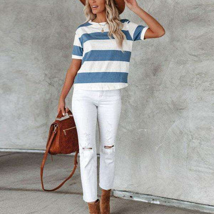 Striped Blue and White Casual T-Shirt - Lightweight and Trendy