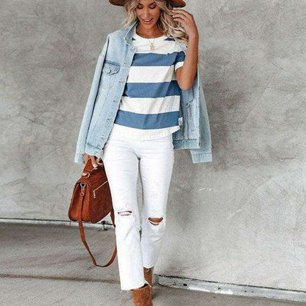 Striped Blue and White Casual T-Shirt - Lightweight and Trendy