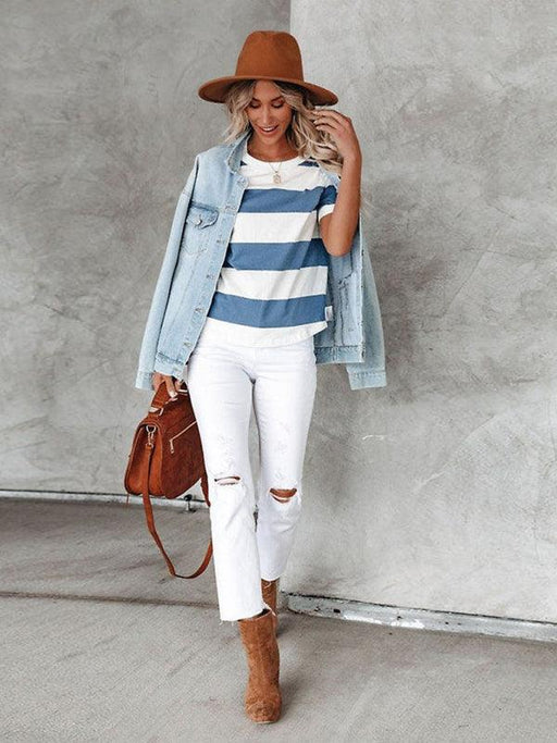 Blue & White Striped Round Neck Short-Sleeve T-Shirt for Casual Chic