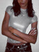 Shimmering Metallic Tank Top with Chic Dropped Sleeves and Round Neck