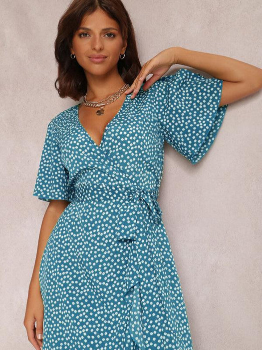 Polka Dot V-Neck Tie-Print Dress with Chic Dropped Shoulder Sleeves