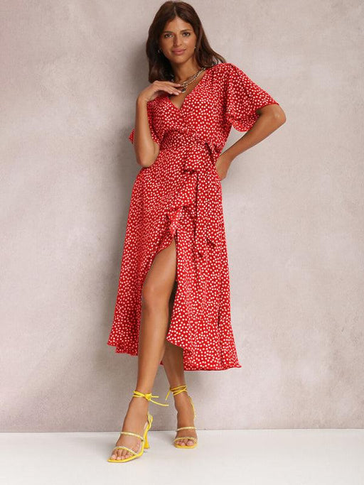 Polka Dot V-Neck Tie-Print Dress with Chic Dropped Shoulder Sleeves