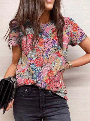 Women's Short Sleeve Floral Print Round Neck Pullover-kakaclo-Red-S-Très Elite