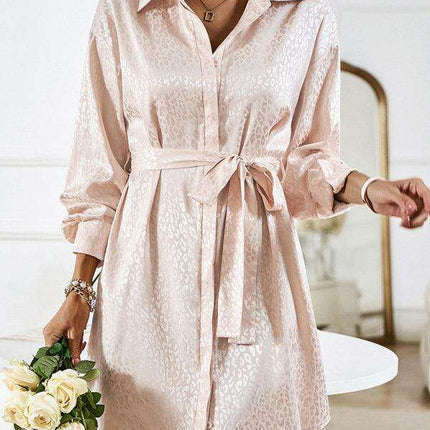 Elegant Button-Up Dress with Sophisticated Collar and Unique Self-Pattern