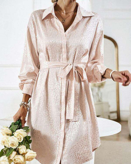 Elegant Button-Up Dress with Sophisticated Collar and Unique Self-Pattern
