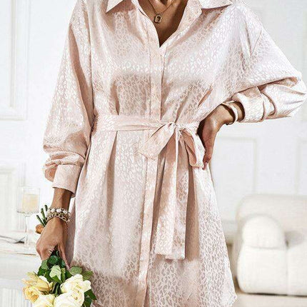 Elegant Button-Up Dress with Sophisticated Collar and Unique Self-Pattern