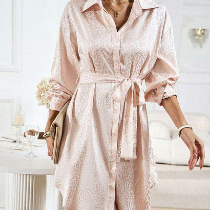 Elegant Button-Up Dress with Sophisticated Collar and Unique Self-Pattern