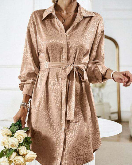 Elegant Button-Up Dress with Sophisticated Collar and Unique Self-Pattern