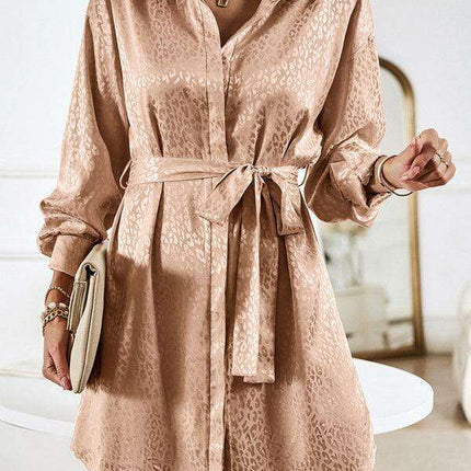 Elegant Button-Up Dress with Sophisticated Collar and Unique Self-Pattern