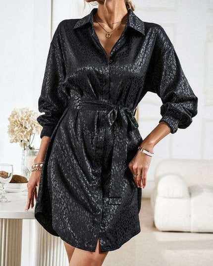 Elegant Button-Up Dress with Sophisticated Collar and Unique Self-Pattern