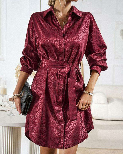 Elegant Button-Up Dress with Sophisticated Collar and Unique Self-Pattern