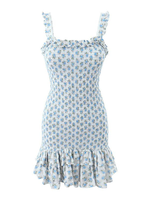 Elegant Ruffled Floral Camisole Dress with French Holiday Vibes and Elastic Rose Straps