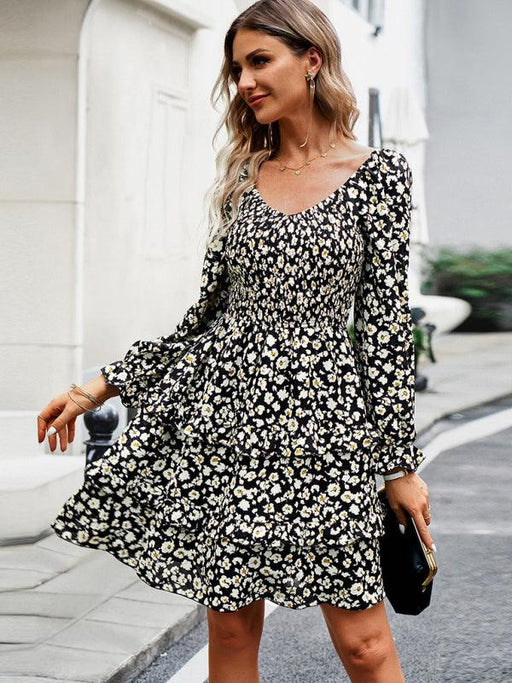 Chic Blossom V-neck Long Sleeve Dress