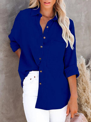 Simple long-sleeved V-neck button-down shirt for women-kakaclo-Purplish blue navy-S-Très Elite