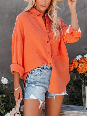 Simple long-sleeved V-neck button-down shirt for women-kakaclo-Orange-S-Très Elite