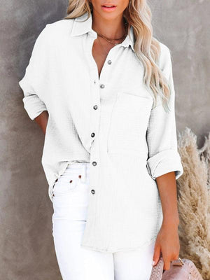 Simple long-sleeved V-neck button-down shirt for women-kakaclo-White-S-Très Elite