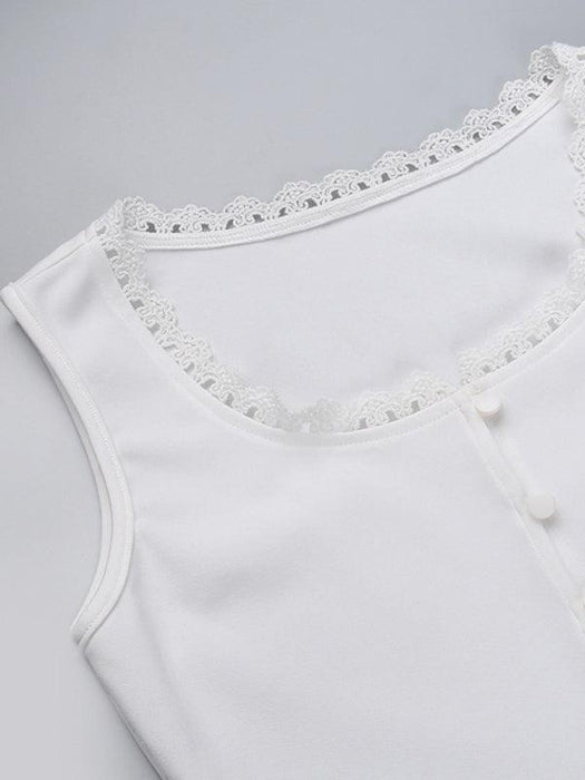 Lace Square Neckline Buttoned Vest Women's Stylish Solid Colored Top