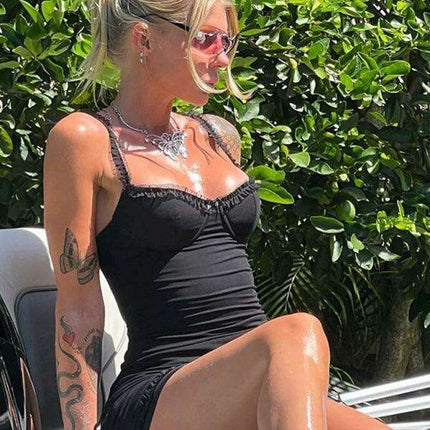 Pleated Mesh Splicing Mini Dress with Suspender Straps by JakotoSexy