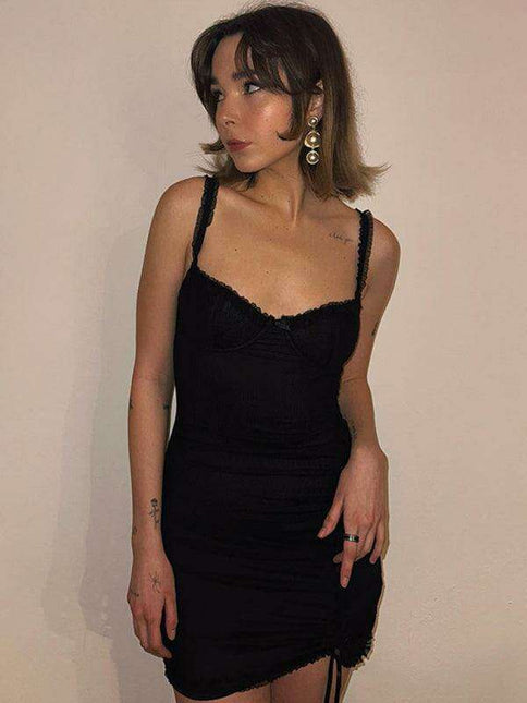 Pleated Mesh Splicing Mini Dress with Suspender Straps by JakotoSexy