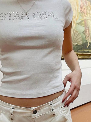 Short-sleeved T-shirt letter ironing rhinestone inner layered slim top-kakaclo-White-S-Très Elite