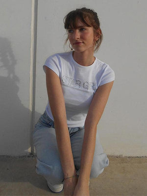 Short-sleeved T-shirt letter ironing rhinestone inner layered slim top-kakaclo-White-S-Très Elite