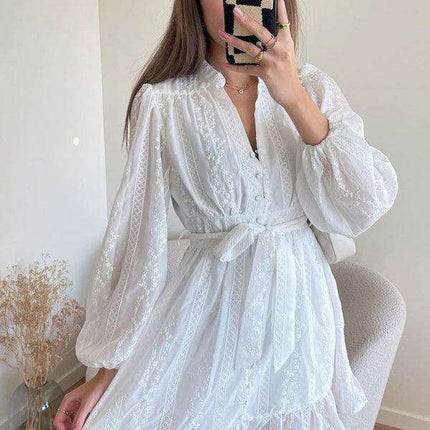 Elegant Long Sleeve V-Neck Ruffle Dress - A Timeless Piece for Women's Fashion