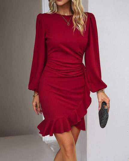 Elegant Solid Dress with Stunning Puff Sleeve and Ruffle Accents