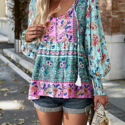 Bohemian Floral Print Long-Sleeve Top