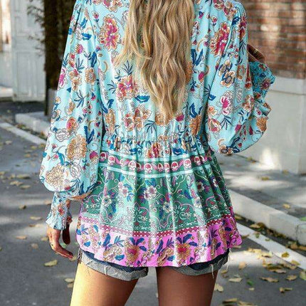Bohemian Floral Print Long-Sleeve Top