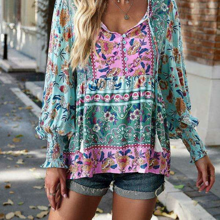 Bohemian Floral Print Long-Sleeve Top