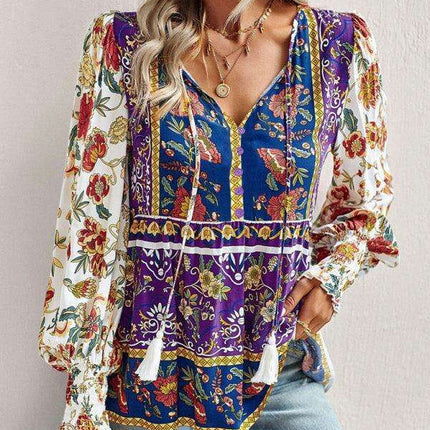 Bohemian Floral Print Long-Sleeve Top