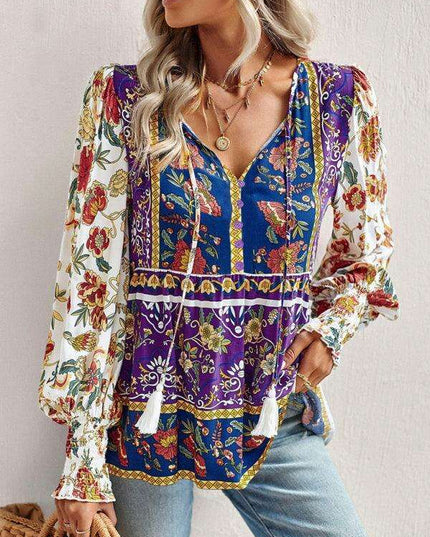 Bohemian Floral Print Long-Sleeve Top