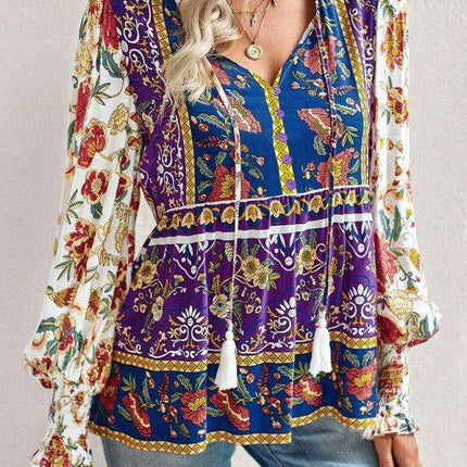 Bohemian Floral Print Long-Sleeve Top