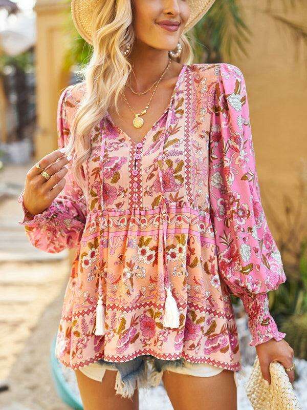Bohemian Floral Print Long-Sleeve Top