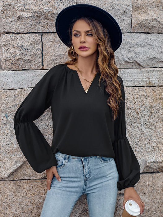 Autumn Chic V-neck Polyester Top for Women - Cozy Elegance
