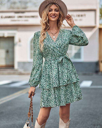 Charming Floral V-neck Dress with Cinched Waist - Timeless Bloom Elegance