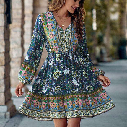 Bohemian Chic Floral V-Neck Long-Sleeve Dress for Women